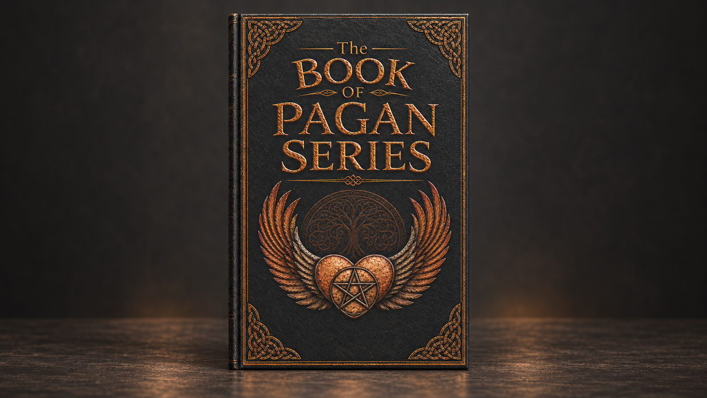 The Book of Pagan Series, shown as an antique black leather volume with bronze Celtic ornament and a winged heart emblem
